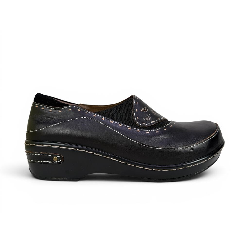 L'Artiste Spring Step Burbank Clogs Black Leather Floral Comfort Slip On EU41‎